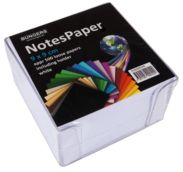 Notisbox med vita papper 90x90 mm 500-pack Büngers
