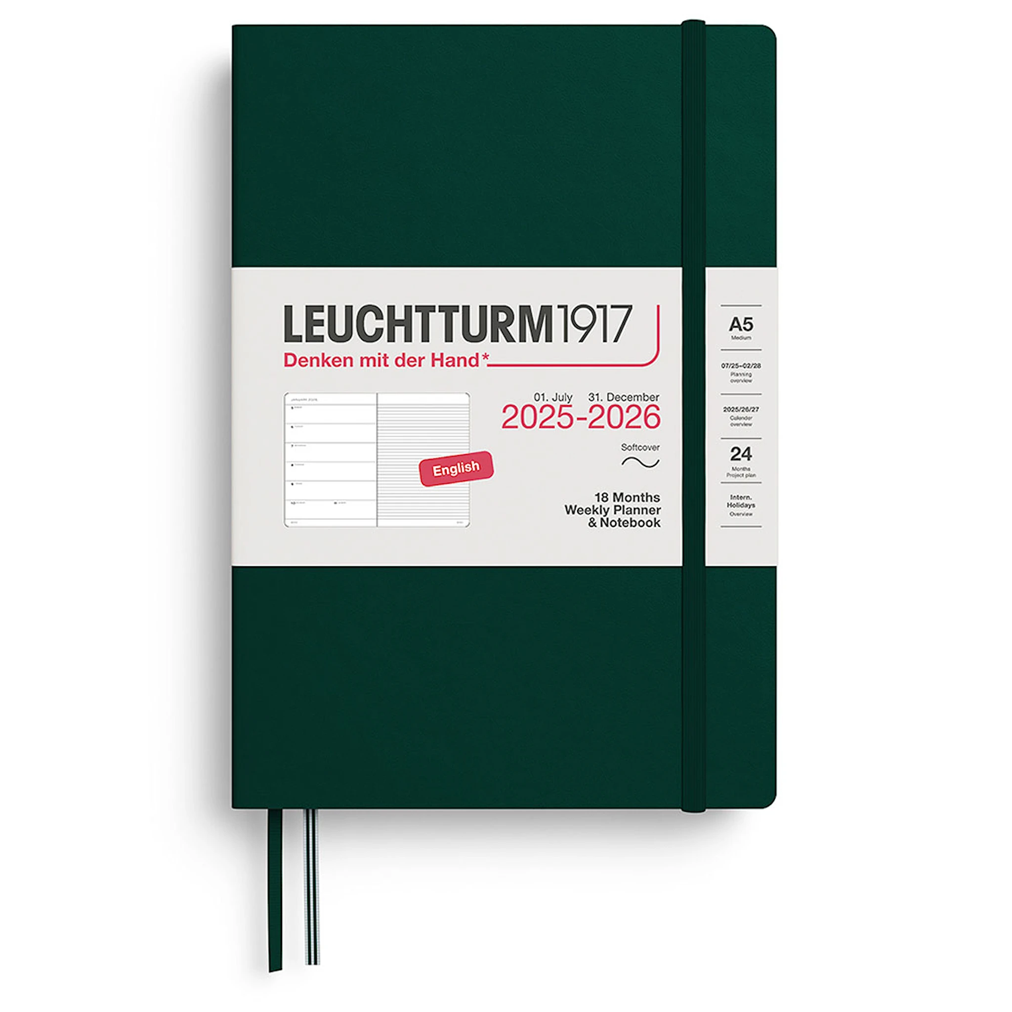 Tuotekuva ille Kalenteri A5 18kk 25–26 Viikkosuunnittelija/Muistikirja Soft Forest Green Leuchtturm1917