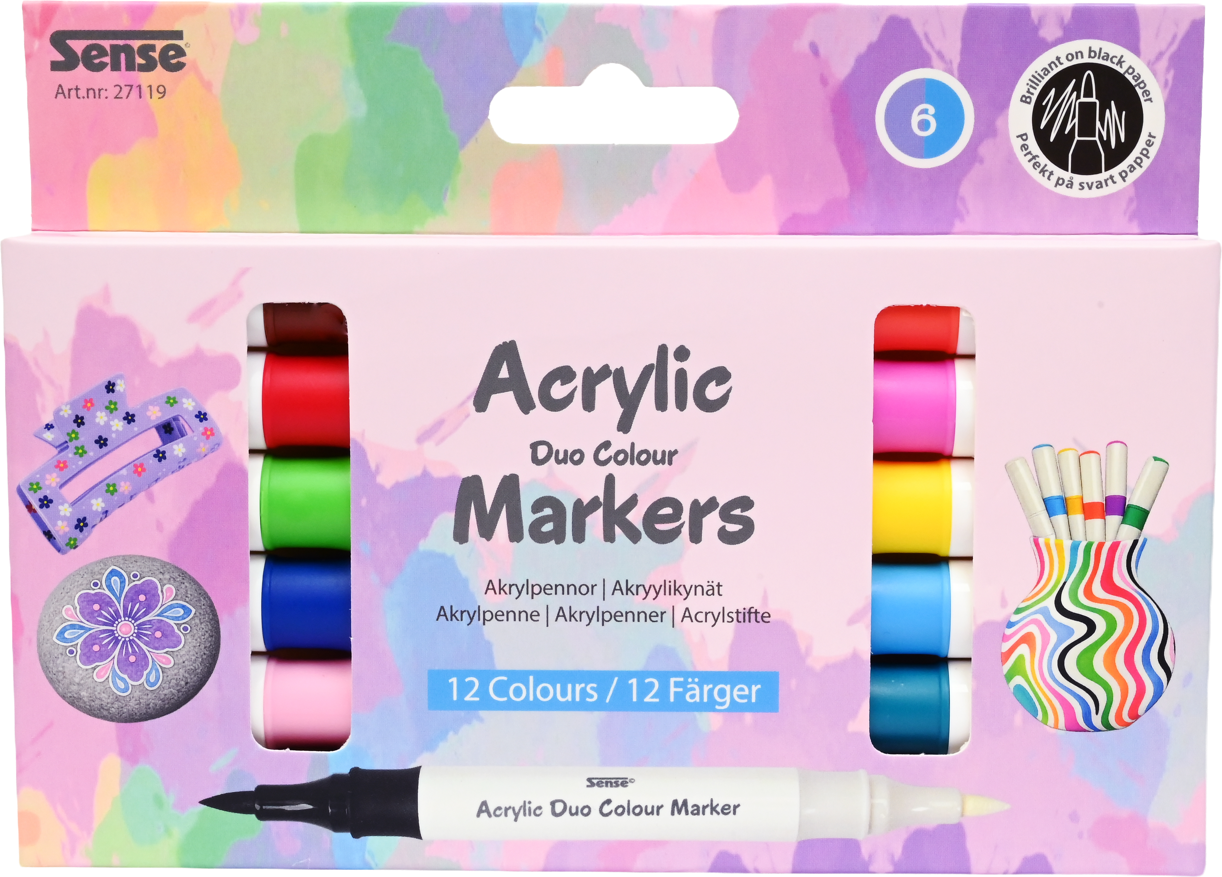Akrylpennor Dubbelspets 12 färger 6-pack Sense