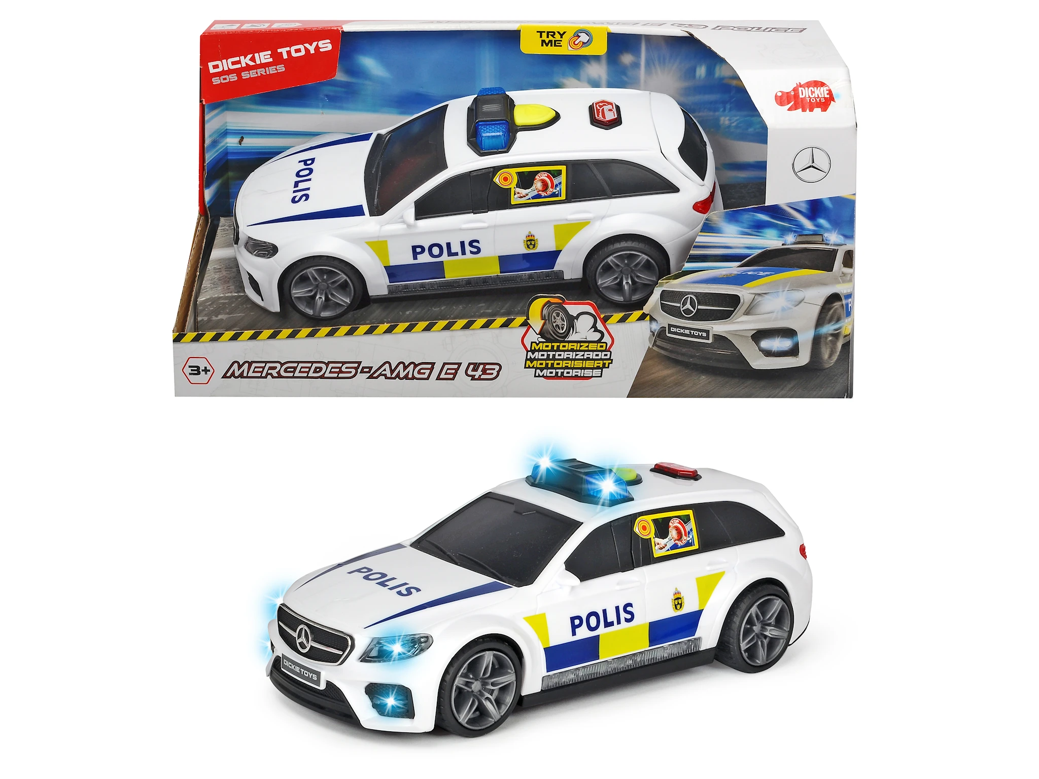 Tuotekuva ille Dickie-poliisiauto Mercedes-AMG E43 äänellä ja valolla