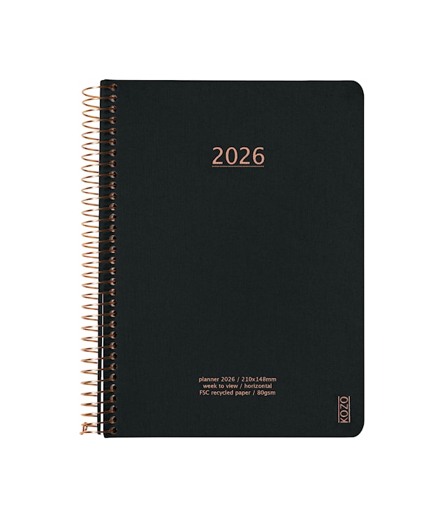 Produktbild 1 för Kalender A5 2026 Vecka Per Uppslag Black KOZO