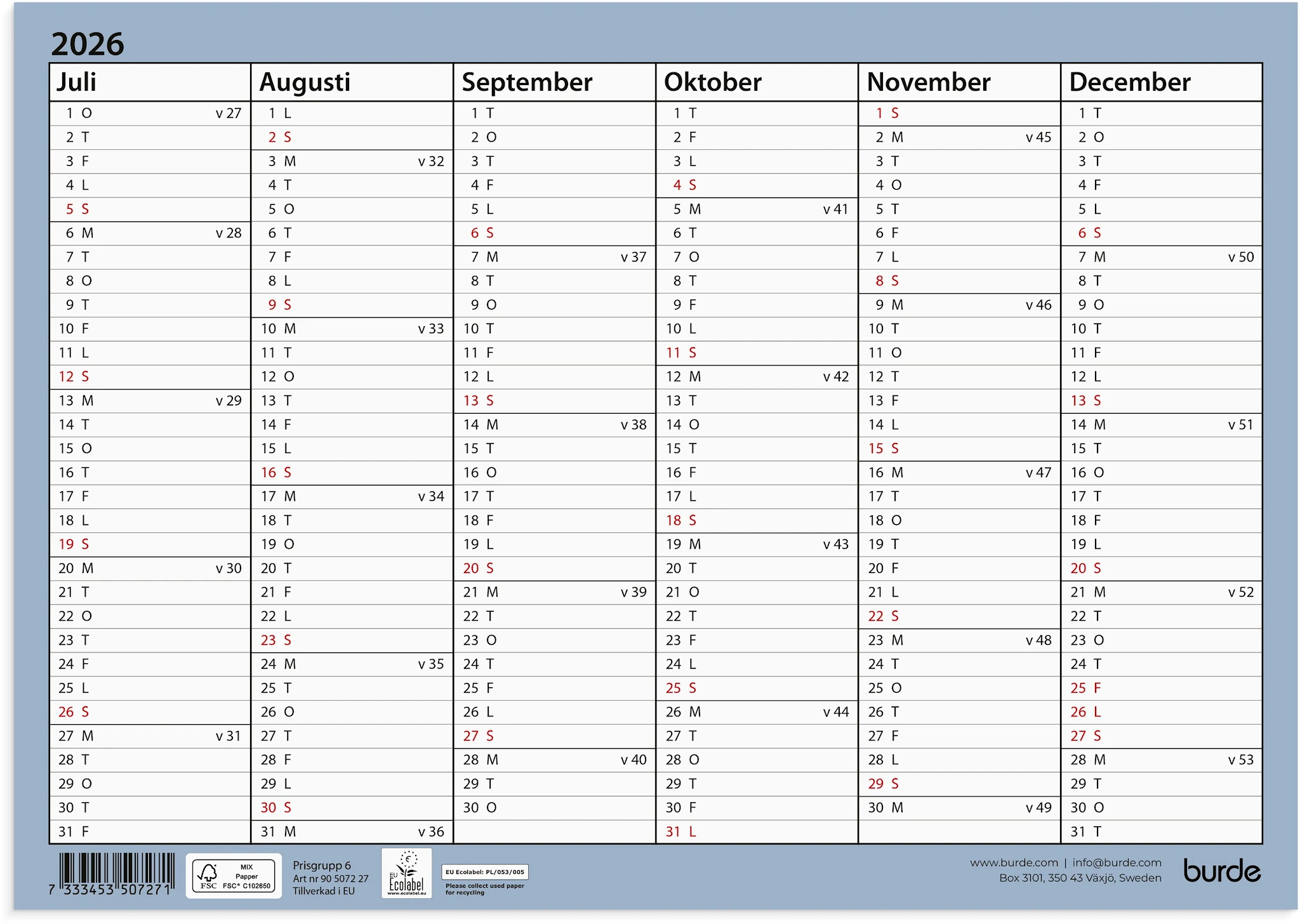 Produktbild för Väggkalender 26/27 Väggblad A4 Burde