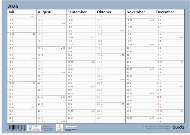 Väggkalender 26/27 Väggblad A4 Burde