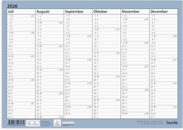 Väggkalender 26/27 Väggblad A4 Burde