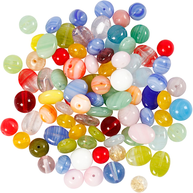 Tuotekuva 2 - Lasihelmet, pyöreä, soikea, ympyrä, halk. 6-13 mm, aukon koko 0,5-1,5 mm, värilajitelma, 60 g/ 1 pkt