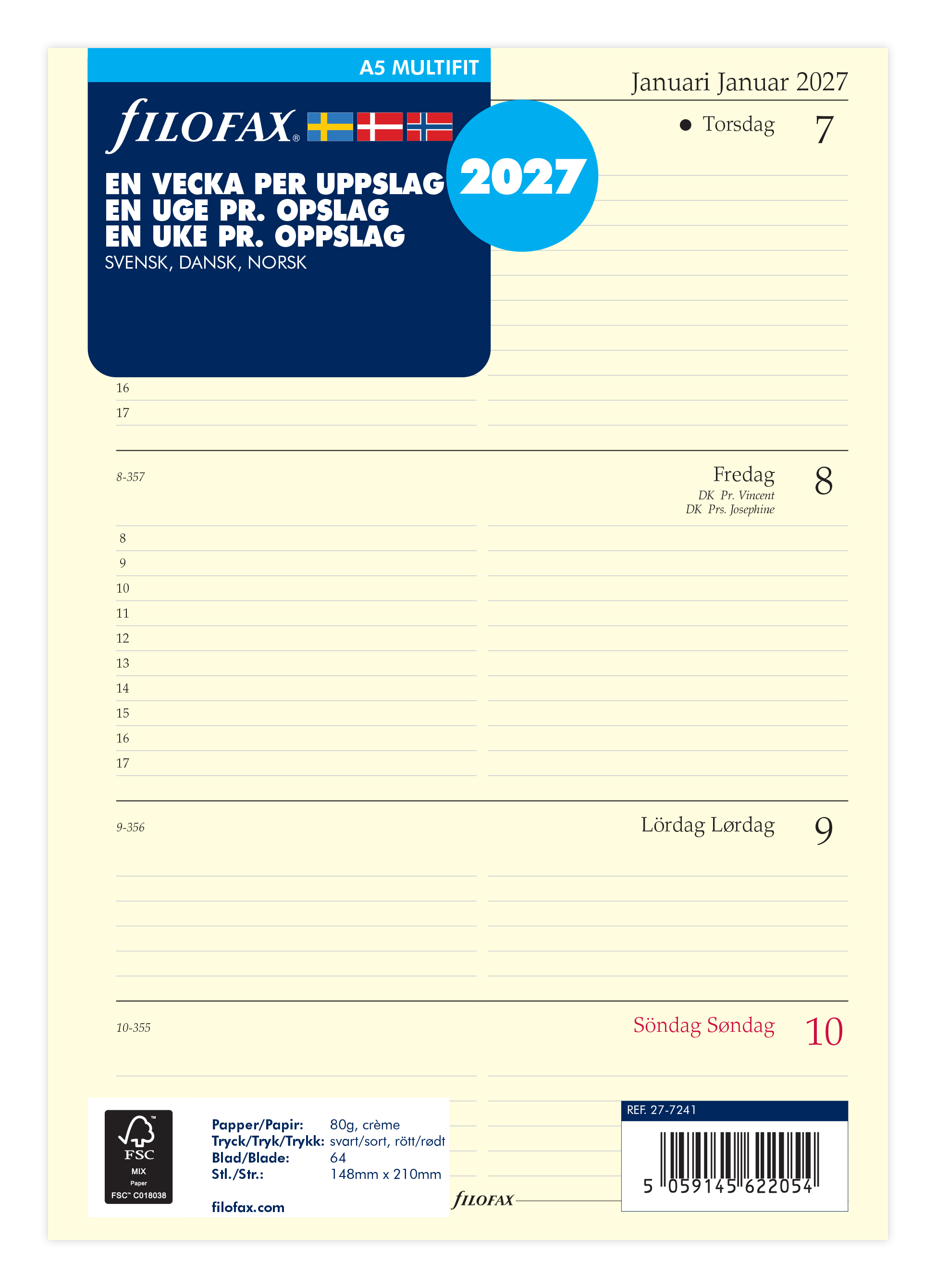 A5 Refill 2027 Vecka/Uppslag Svensk/Dansk/Norsk Filofax
