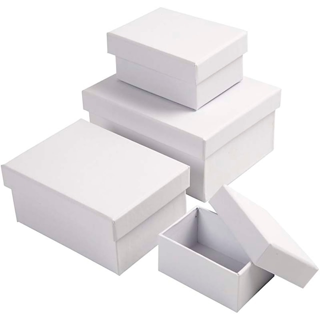 Tuotekuva 1 - Pahvirasialajitelma, Kork. 3,5+4,5+5,5+6,5 cm, koko 7,5x5 + 9,5x7 + 11,5x8,5 + 14x11 cm, valkoinen, 4 kpl/ 1 set