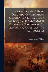 Kirjan kansi "MonografÃ-a Ã" Breu DescripciÃ3 HistÃ3rico-Geogràfica De La Vila Y Parroquia De Sant MartÃ- De Malda (Provincia De Lleyda Y Arquebisbat De Tarragona)"