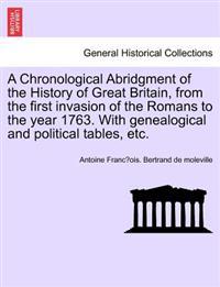 Kirjan kansi "A Chronological Abridgment of the History of Great Britain, from the first invasion of the Romans to the year 1763. With genealogical and political tables, etc."