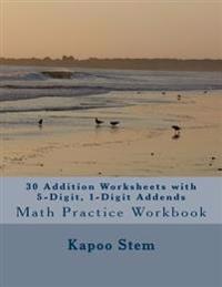 30 Addition Worksheets with 5-Digit, 1-Digit Addends: Math Practice Workbook