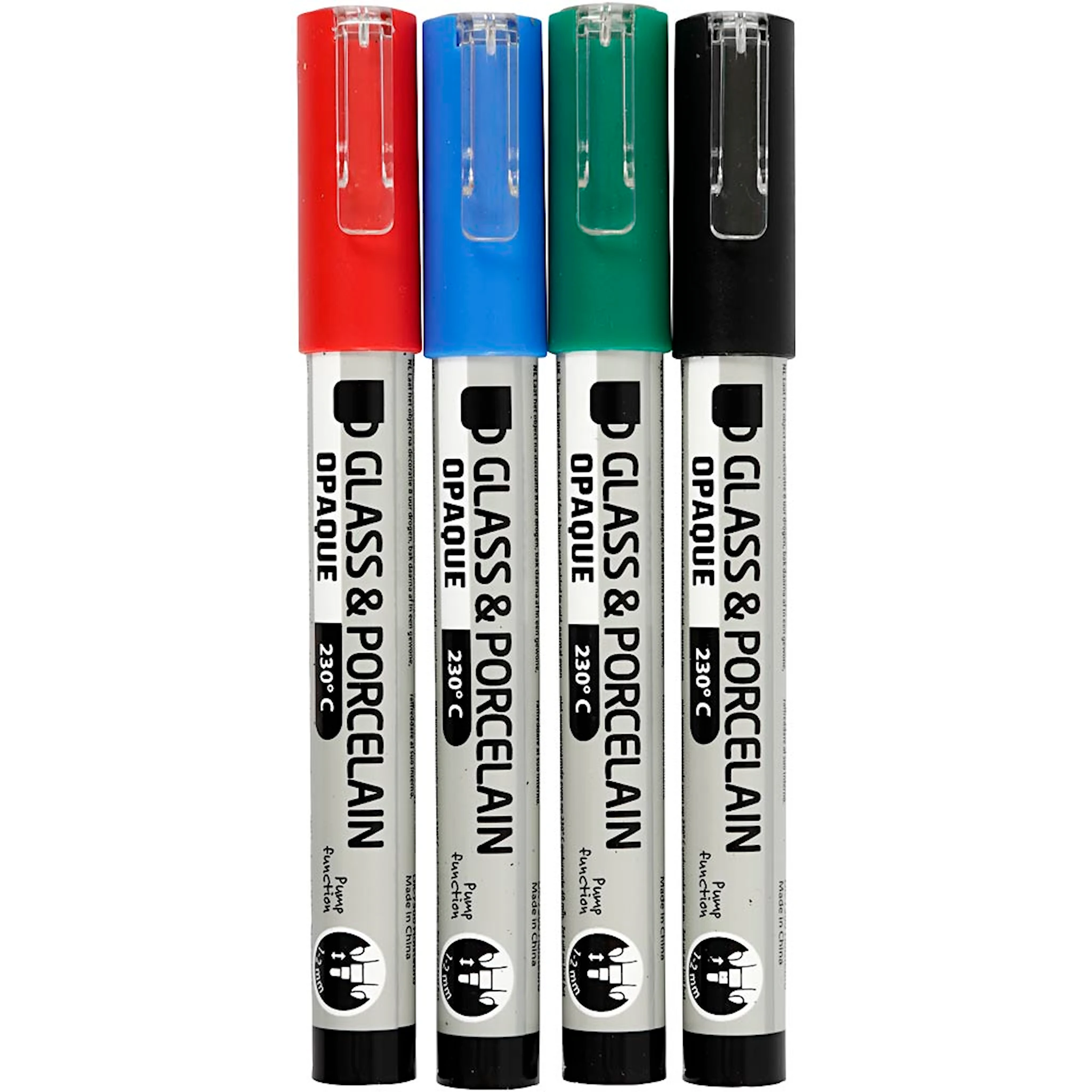 Produktbilde for Glass- og porselenstusj, strek 1-2 mm, semi opaque, svart, blå, grønn, rød, 4 stk./ 1 pk.