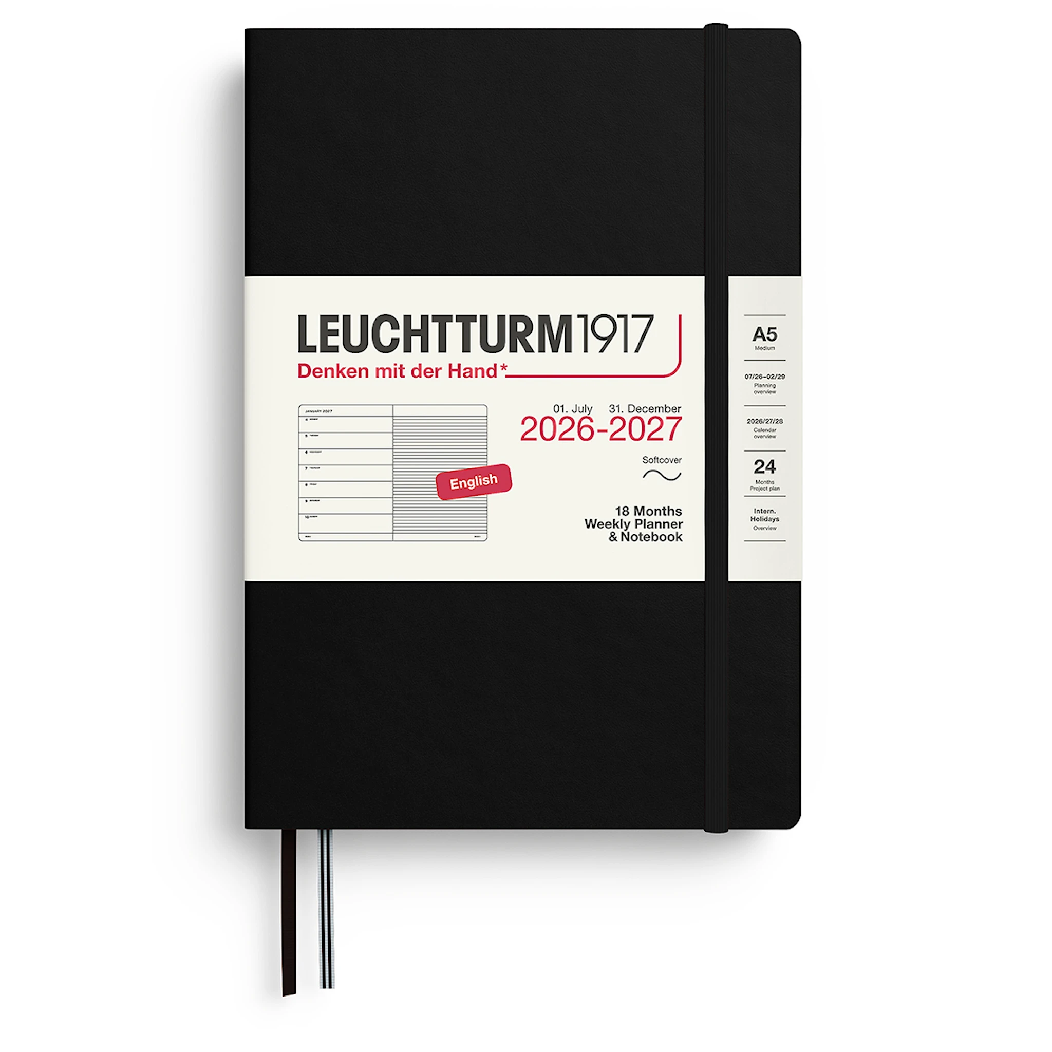 Tuotekuva ille Weekly Planner & Notebook 18m 26-27 A5 Soft Black Leuchtturm1917