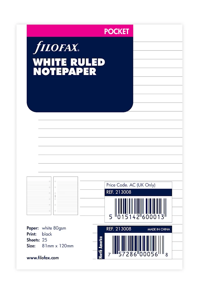 Anteckningsblad Linjerade Vita Pocket Filofax