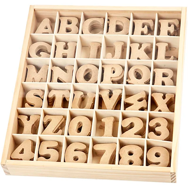 Kirjaimet ja numerot MDF, Kork. 4 cm, paksuus 2,5 mm, 288 kpl/ 1 pkt