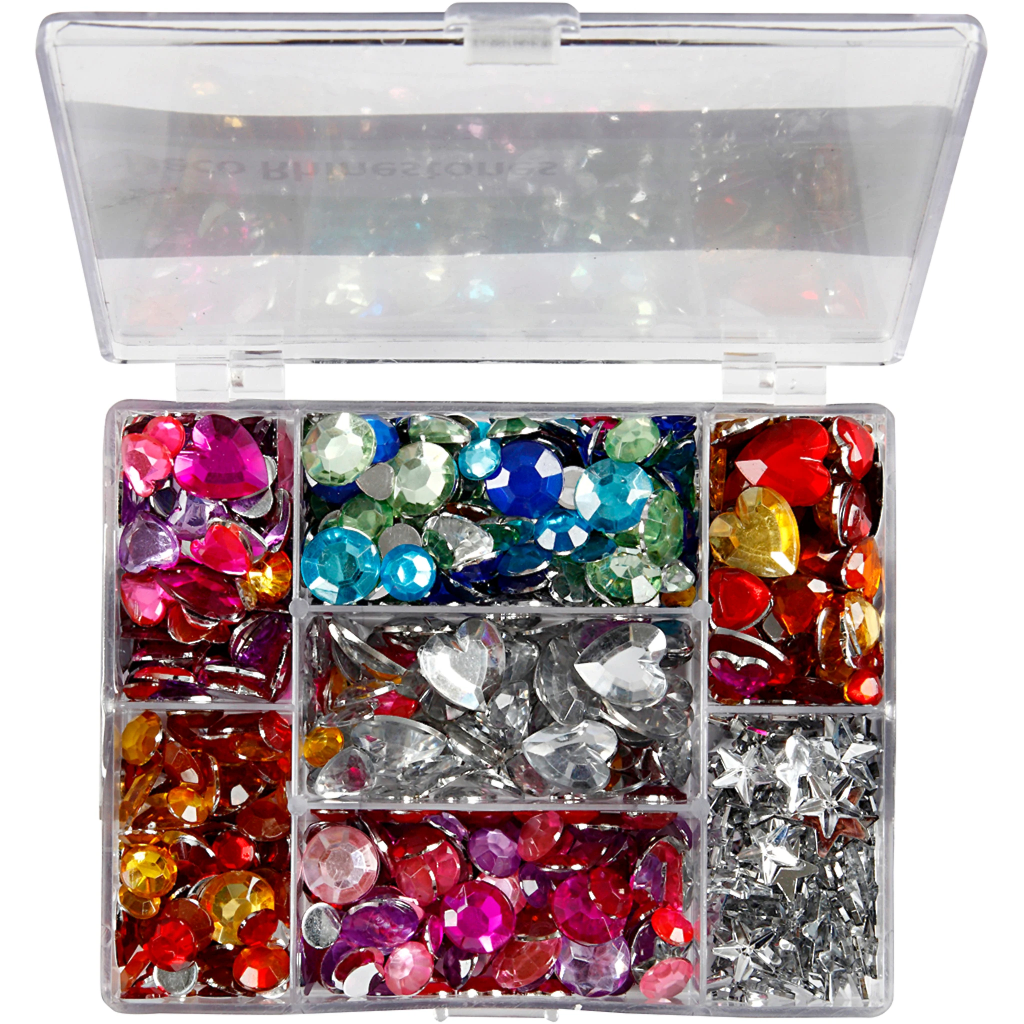 Produktbilde for Rhinsten i eske, runde, stjerner, hjerter, dia. 6+7+9+10+11+12+14+16 mm, blå, pink, sølv, 300 stk./ 1 pk.