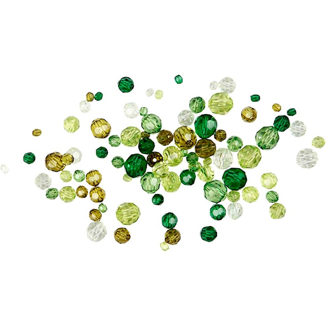 Tuotekuva 3 - Fasettihelmet, koko 4-12 mm, aukon koko 1-2,5 mm, ca. 170 kpl, glitter vihreä, 45 g/ 1 pkt
