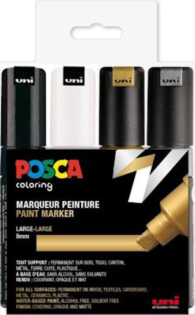 Posca Marker Set 4 kpl Musta Valkoinen Kulta Hopea PC-8K Kärki 8 mm