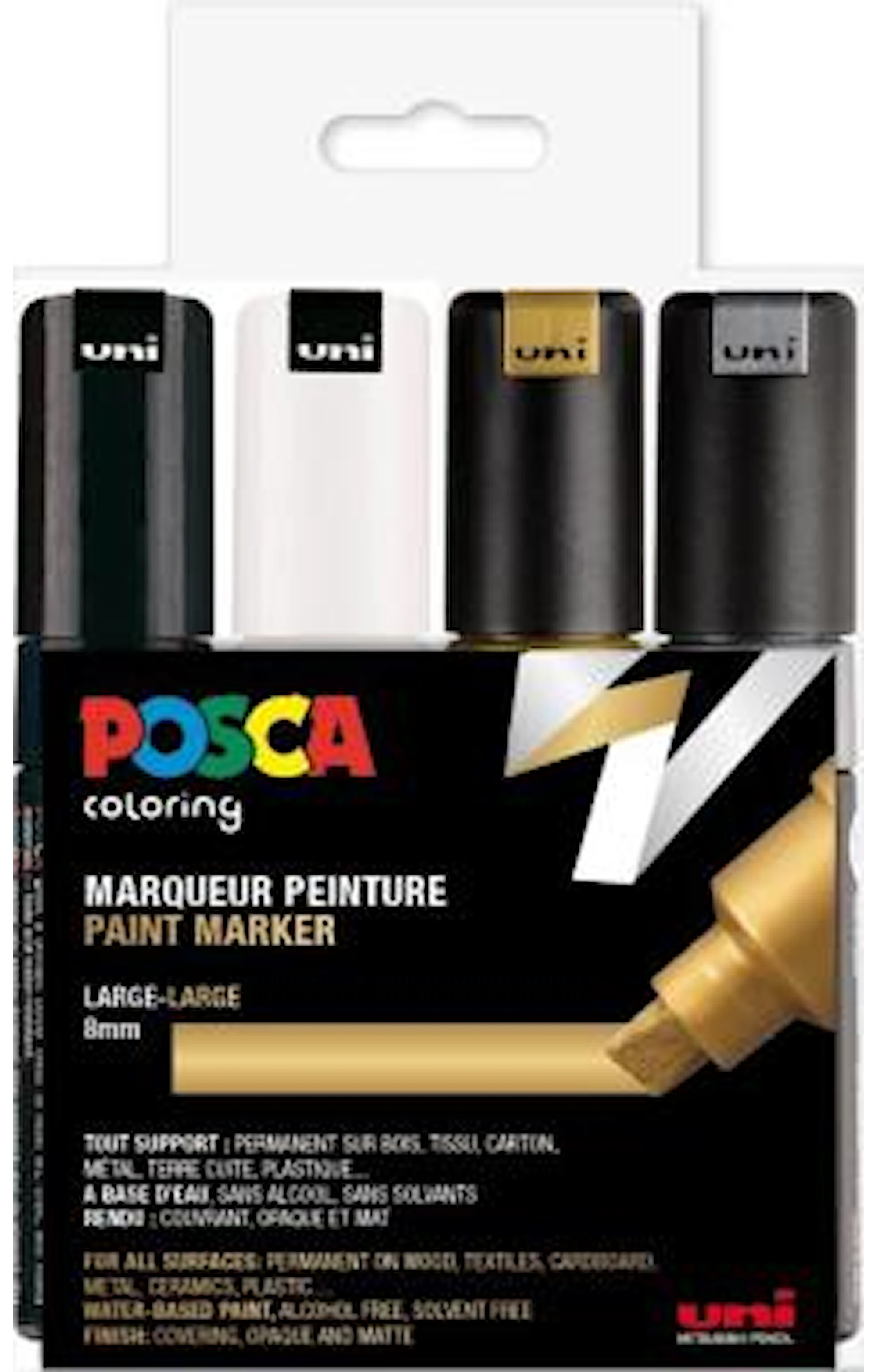 Produktbild för Posca Marker Set 4-p Svart Vitt Guld Silver PC-8K Spets 8 mm