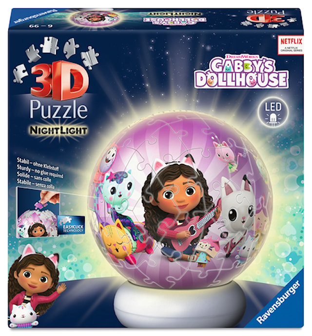 Produktbild 1 för Puzzle-Ball Nightlight Gabby's Dollhouse 3D-Pussel 72 Bitar Ravensburger