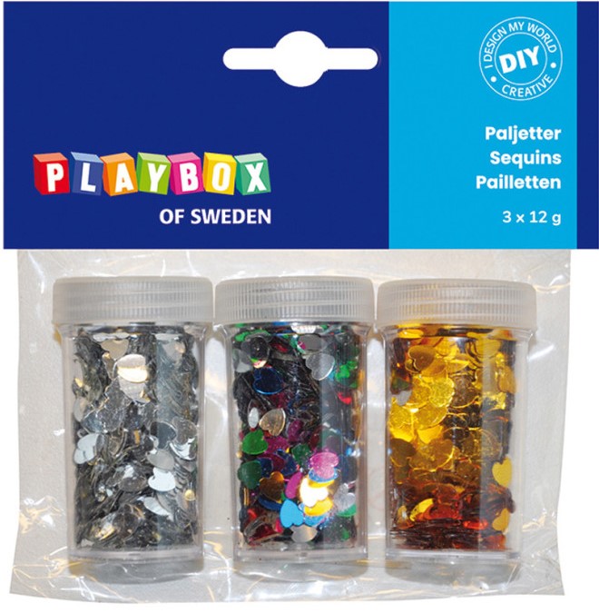 Paljetter Hjärtan i olika färger 12g 3-pack Playbox
