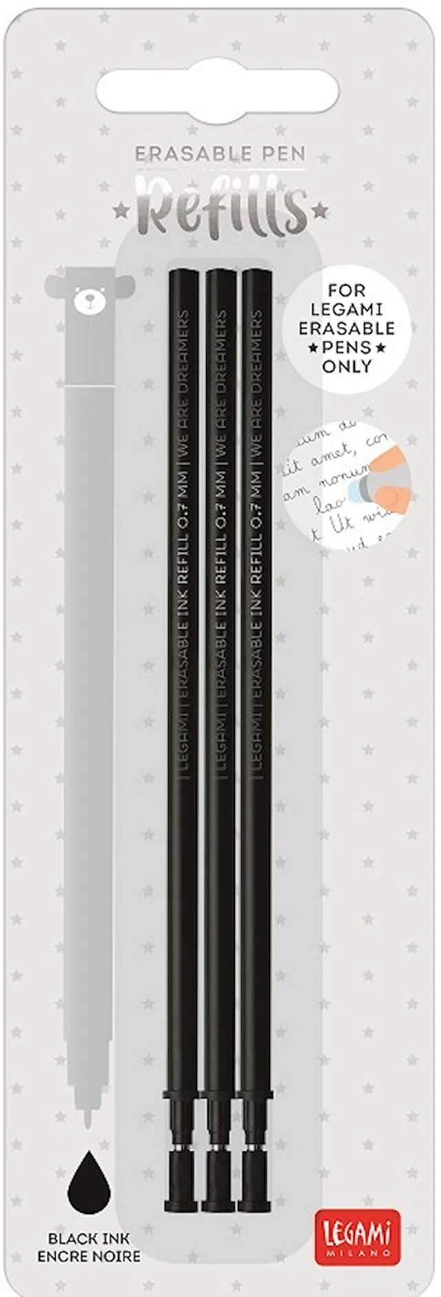 Täyttöpakkaus Erasable gel pen -kynille, 3 kpl, musta