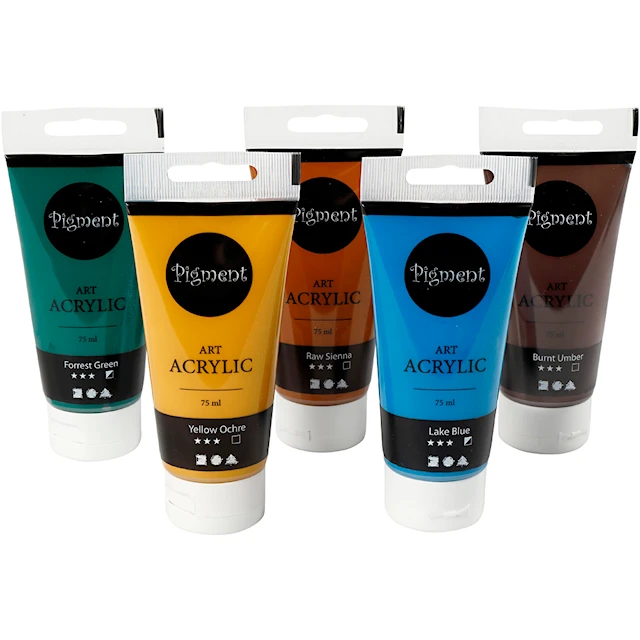 Akrylfärg, naturfärger, halvblank, mixade färger, 5x75 ml/ 1 förp.