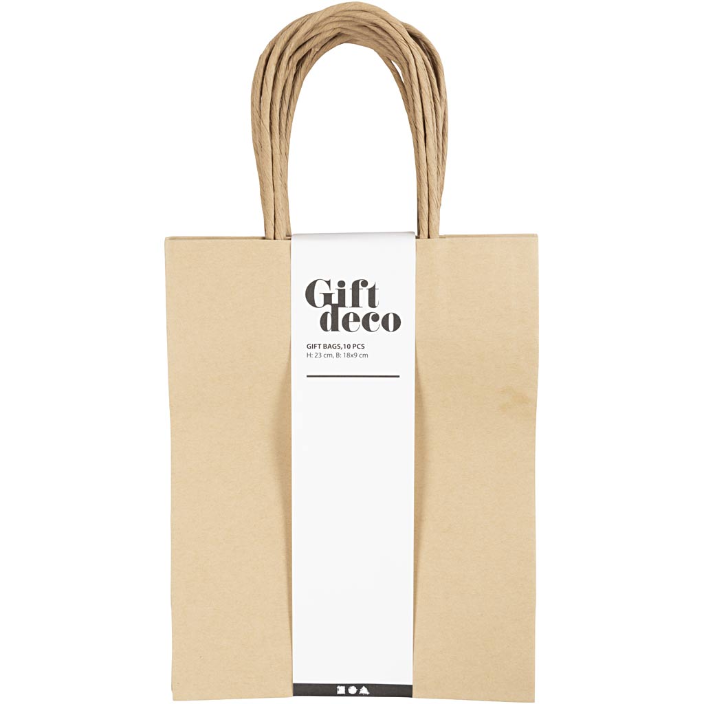 Papperspåsar naturfärgade med handtag höjd 23 cm 18x9 cm 10-pack