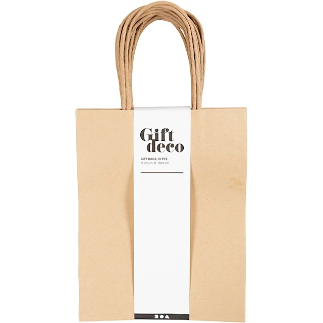 Papperspåsar naturfärgade med handtag höjd 23 cm 18x9 cm 10-pack