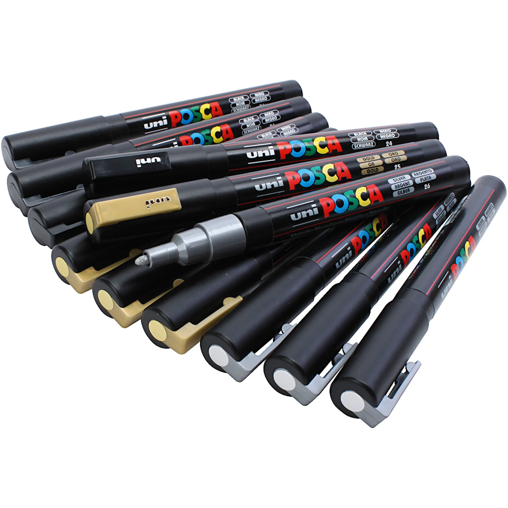 Produktbild för Posca Marker Set, Guld, silver vit, PC-3M spets 0,9-1,3 mm 12p