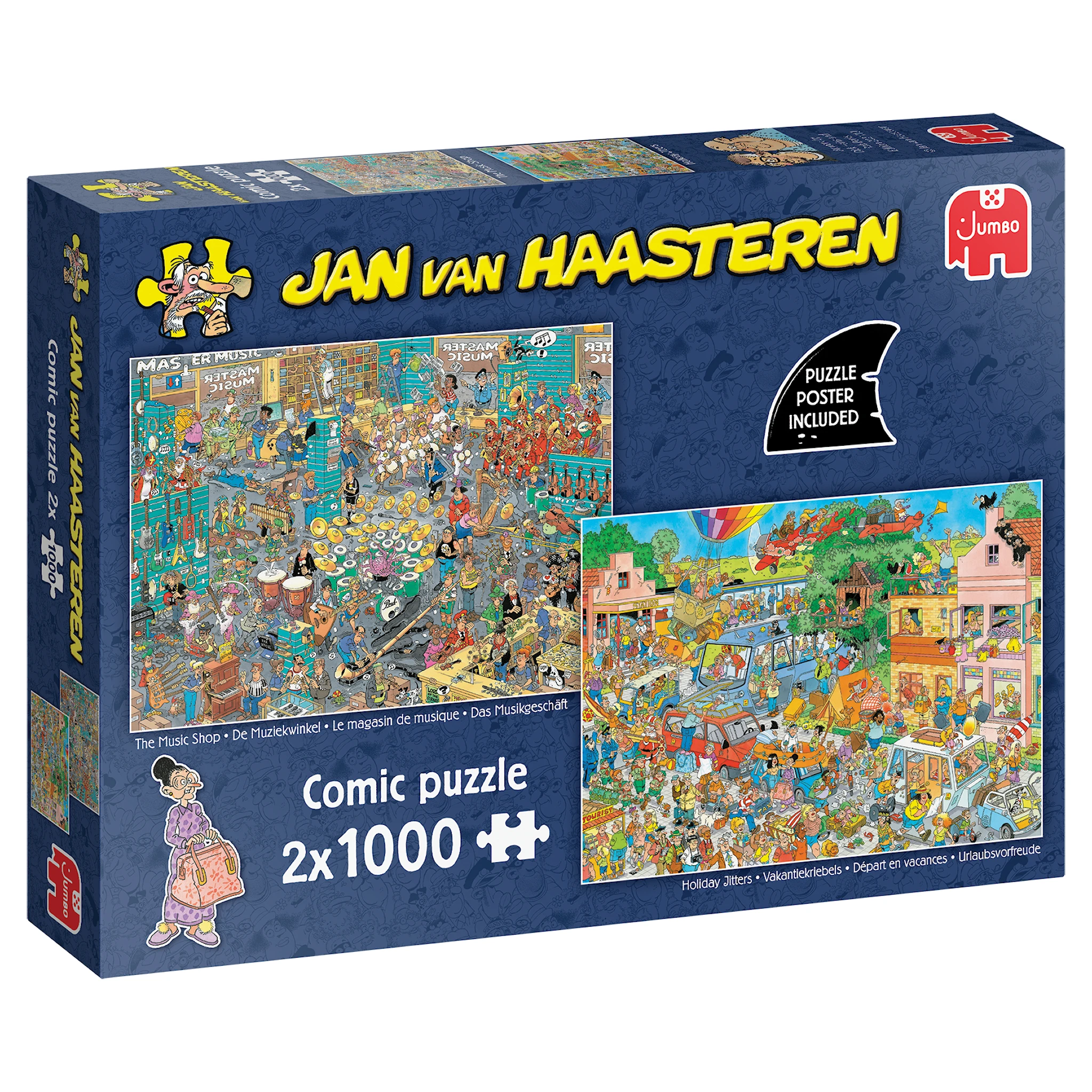 Produktbild för Jan Van Haasteren The Music Shop & Holiday Jitters Pussel 2x1000 bitar