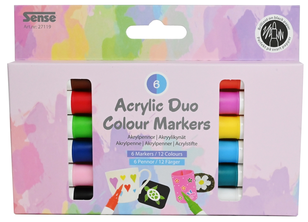 Akrylpennor Dubbelspets 12 färger 6-pack Sense