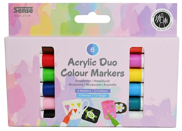 Akryylikynät Kaksipäinen 12 väriä 6-pakkaus Sense