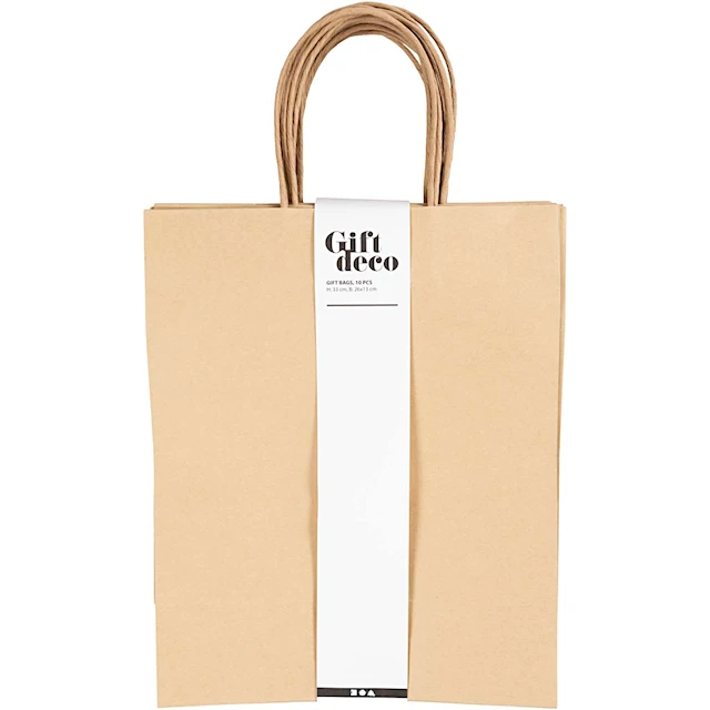 Papperspåsar naturfärgade med handtag höjd 33 cm 26x13 cm 10-pack