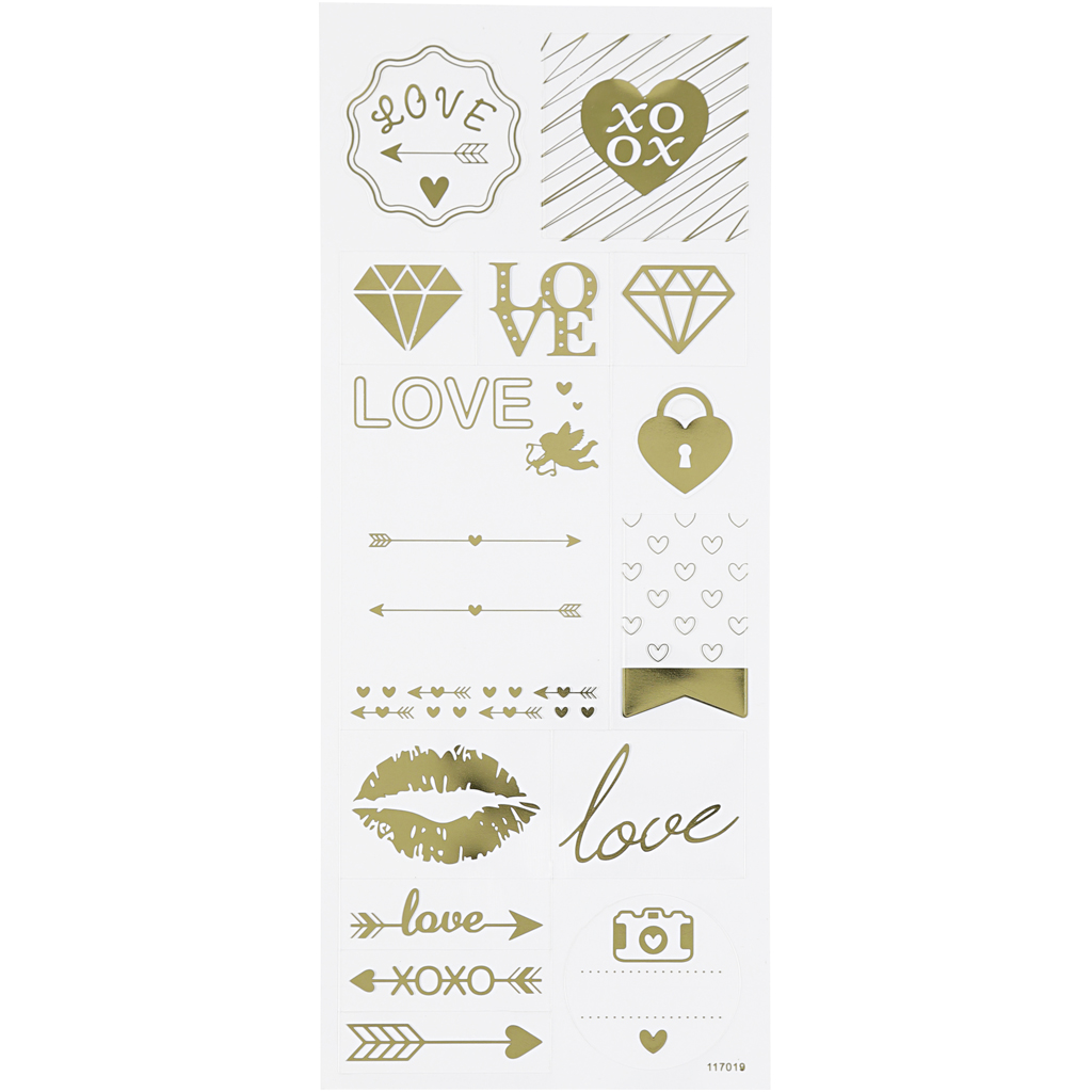 Stickers, love, ark 10x24 cm, ca. 14 st., guld, 1 ark