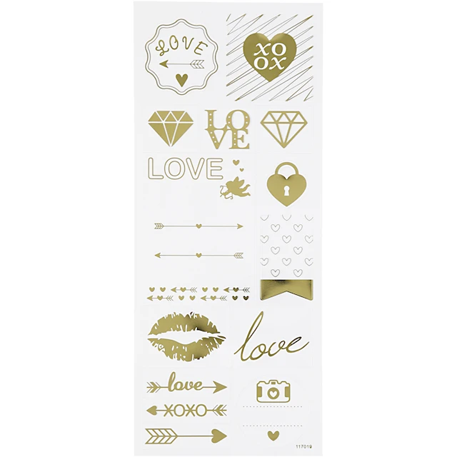 Stickers, love, ark 10x24 cm, ca. 14 st., guld, 1 ark