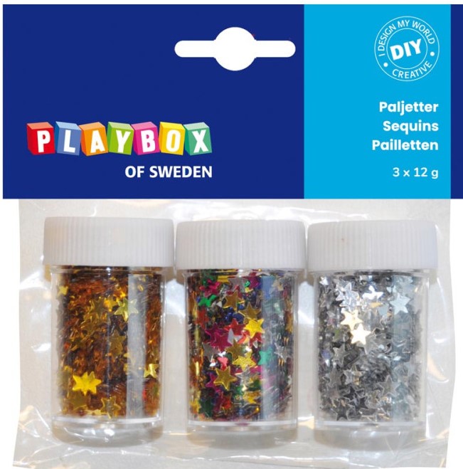 Paljetter Stjärnor i olika färger 12g 3-pack Playbox