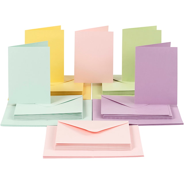 Produktbilde 1 for Kort og konvolutter, kort str. 10,5x15 cm, konvolutt str. 11,5x16,5 cm, 110+220 g, pastellfarger, 50 sett/ 1 pk.