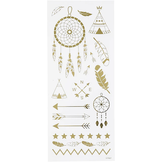 Stickers, indianer, ark 10x24 cm, ca. 17 st., guld, 1 ark
