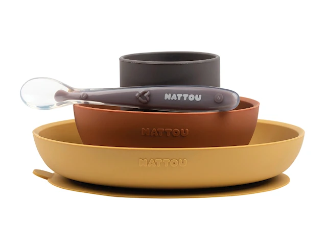 Nattou Soft Silicone Matset 4 delar, Senap/Terracotta