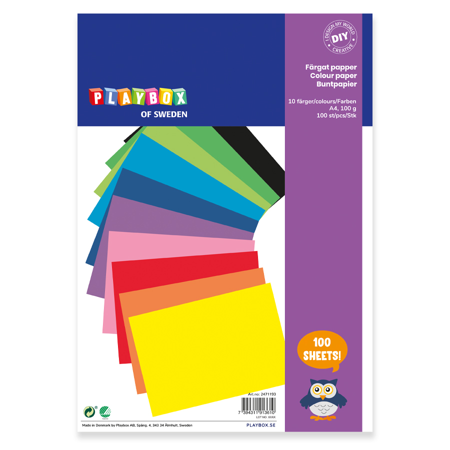 Papper A4 10 färger 100g 100 ark, Playbox
