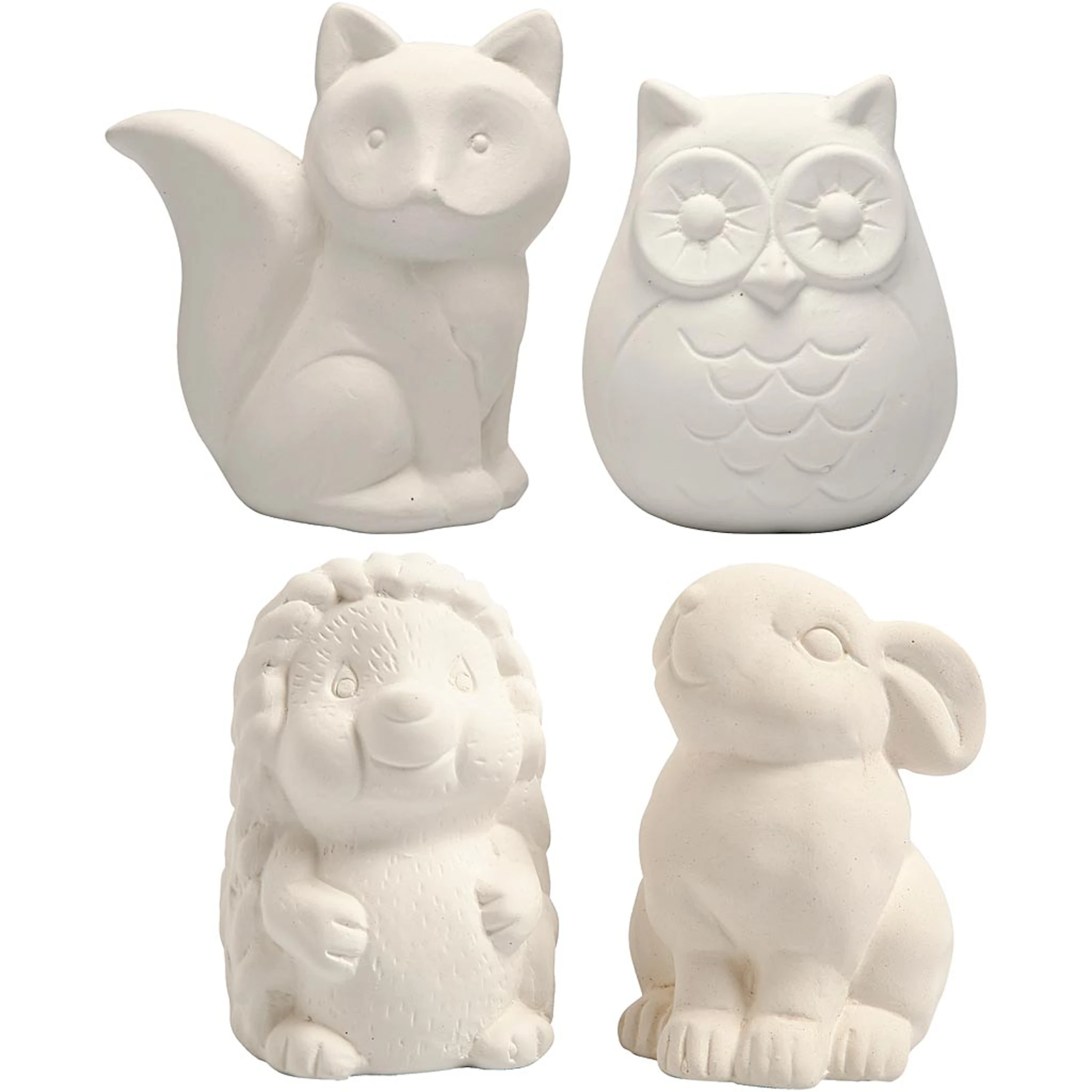 Produktbilde for Sparebøsse, ugle, rev, pinnsvin, hare, H: 9-10 cm, hvit, 4 stk./ 1 pk.