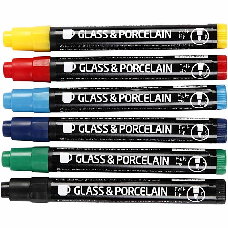 Tuschpennor till Glas och Porslin 1-3 mm Standardf&auml;rger 6 st