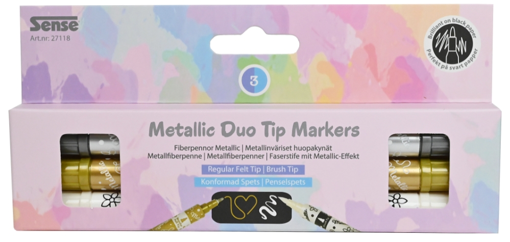 Dubbelspetspenna Metallic Svart, Guld, Vit 3-pack Sense
