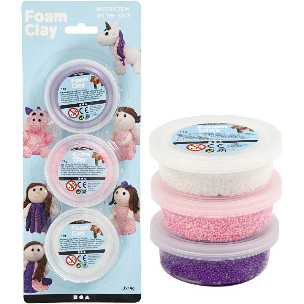 Foam Clay Modellera Glitter Rosa Lila Vit 3-pack